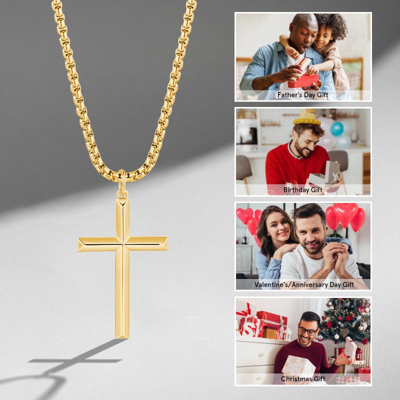 FANCIME Cross Necklace for Men Women Gold Cross Necklaces Sterling Silver Cross Pendant High Polished Large Big Beveled Edge Long Fine Jewelry Gifts For Boys,Stainless Steel Box Chain Length 24 Inch - Image 5